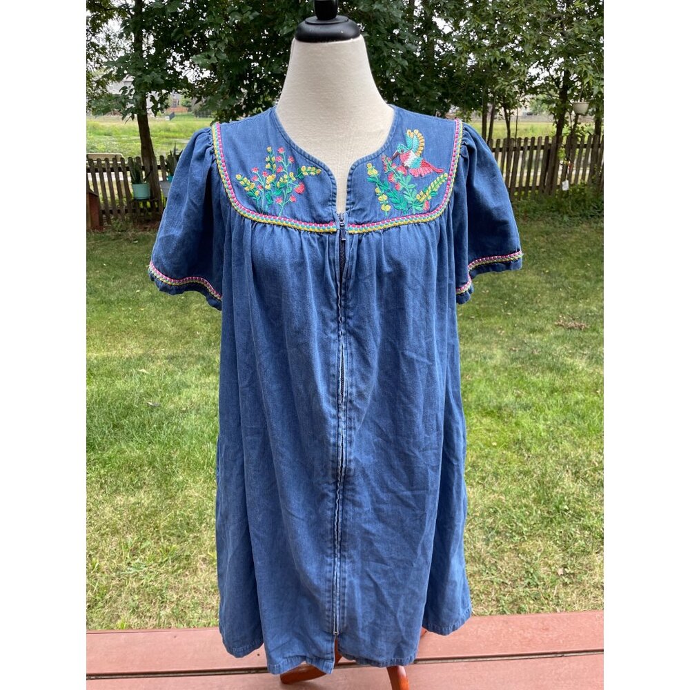 Blue Denim Go Softly Embroidered Humming Bird Cottagecore Zip-Front Dress L